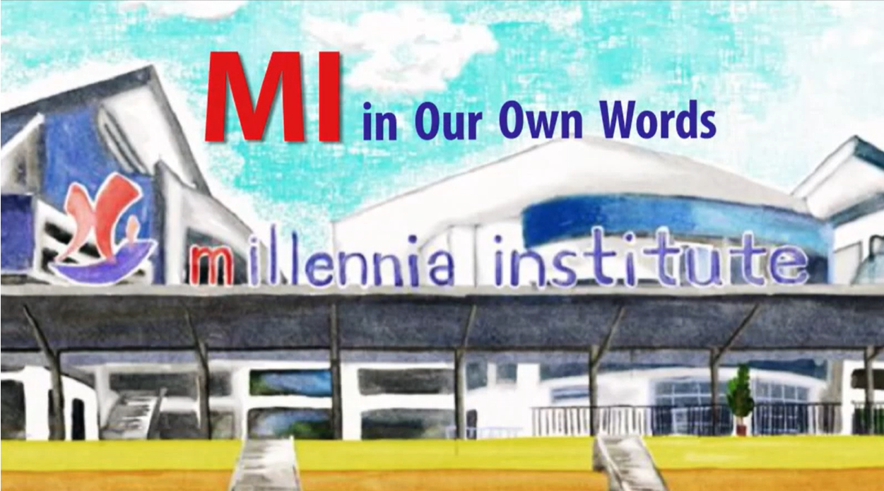 A water colour image of the school's stadium and logo, viewed from the front, with the title "MI in our own words"
